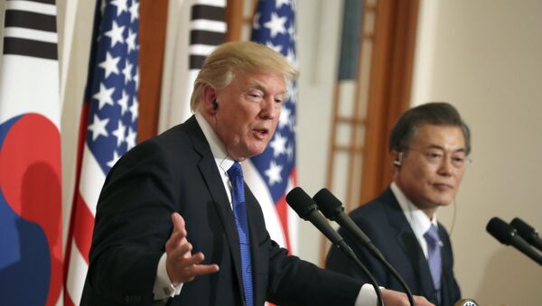 President Donald Trump, left, speaks as South Korean President Moon Jae-in looks on in a joint news conference at the Blue House in Seoul - 俄羅斯衛星通訊社