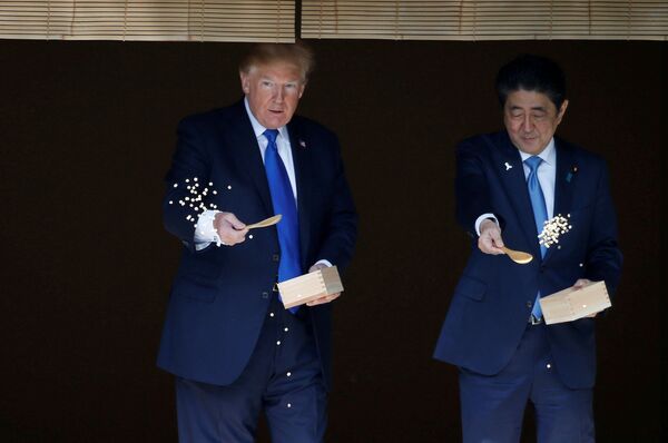 美国总统唐纳德·特朗普和日本首相安倍晋三在东京共进午餐前给锦鲤喂食 - 俄罗斯卫星通讯社