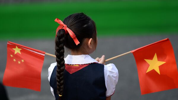 A Vietnamese pupil holds Vietnamese and Chinese flags before the welcoming ceremony at the Presidential Palace in Hanoi - 俄罗斯卫星通讯社