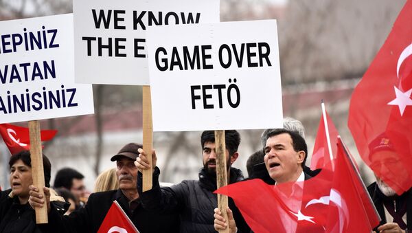Turkish protestors chant slogans and a man (R) holds a placard reading '''Game over Feto'' - 俄罗斯卫星通讯社