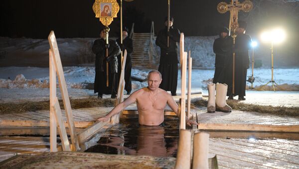 普京参加主显节沐浴 浸入谢利格尔湖的冰窟窿 - 俄罗斯卫星通讯社