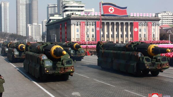 Intercontinental ballistic missiles are seen at a grand military parade celebrating the 70th founding anniversary of the Korean People's Army at the Kim Il Sung Square in Pyongyang - 俄罗斯卫星通讯社