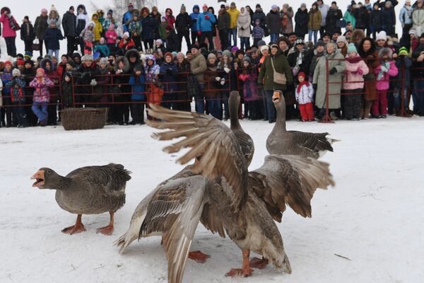 在蘇茲達爾舉行的與謝肉節相關的節日娛樂活動上的參與者，他們在觀看鬥鵝 - 俄羅斯衛星通訊社