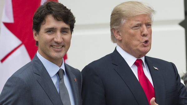 US President Donald Trump (R) welcomes Canadian Prime Minister Justin Trudeau at the White House in Washington - 俄羅斯衛星通訊社