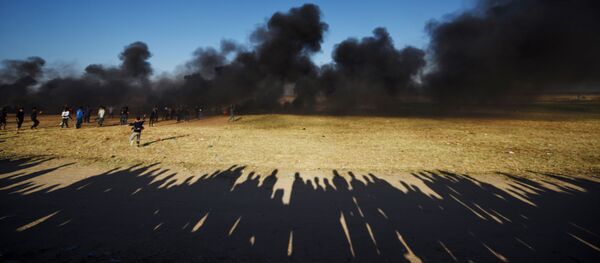 Палестинские протестующие во время столкновений с израильскими военными на границе сектора Газа и Израиля - 俄羅斯衛星通訊社