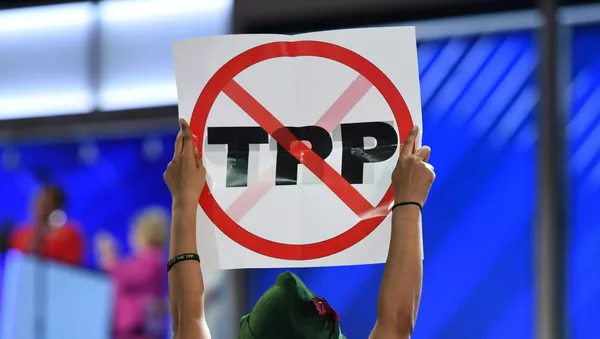A delegate hoists and anti-TPP sign  - 俄羅斯衛星通訊社