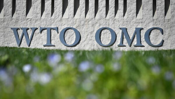 A sign of the World Trade Organization (WTO) is seen at the organisation headquarters in Geneva - 俄罗斯卫星通讯社