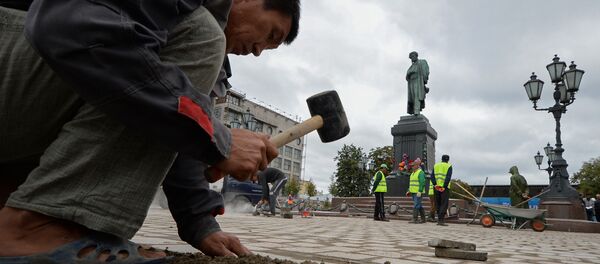 移民们在莫斯科普希金街心花园从事市容工作 - 俄罗斯卫星通讯社