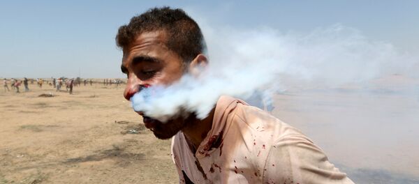 以色列催泪弹落到一名巴勒斯坦人的脸上 - 俄罗斯卫星通讯社