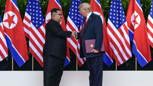 Лидер Северной Кореи Ким Чен Ын и президент США Дональд Трамп после подписания итогового документа саммита США - Северная Корея - 俄罗斯卫星通讯社