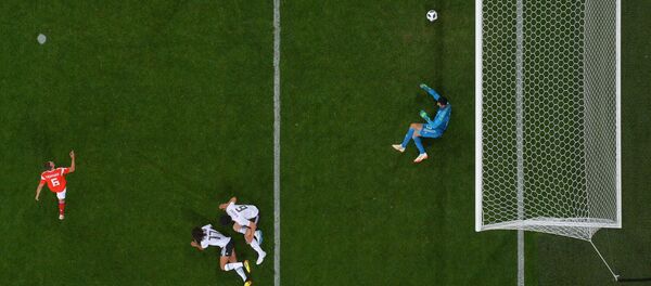 Вратарь сборной Египта Мохамед эль-Шенави пропускает гол в матче группового этапа чемпионата мира по футболу между сборными России и Египта - 俄羅斯衛星通訊社