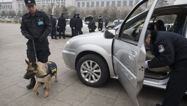 Chinese police officers search vehicules at a security check point outside the Great Hall of the People - 俄羅斯衛星通訊社