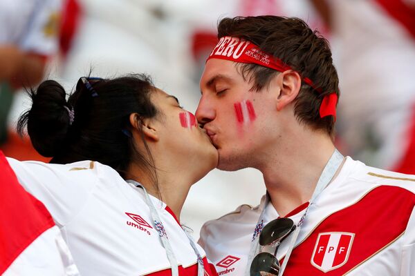 萨兰斯克体育场。秘鲁球迷在丹麦和秘鲁的比赛上接吻。 - 俄罗斯卫星通讯社