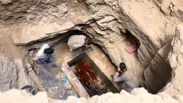 埃及考古人员在北部海岸亚历山大港进行发掘期间在巨型黑色石棺中发现的木乃伊 - 俄罗斯卫星通讯社