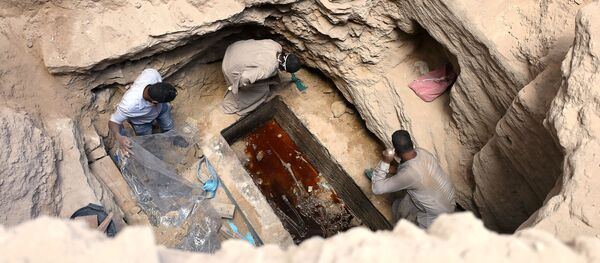 埃及考古人員在北部海岸亞歷山大港進行發掘期間在巨型黑色石棺中發現的木乃伊 埃及考古人員在北部海岸亞歷山大港進行發掘期間在巨型黑色石棺中發現的木乃伊 - 俄羅斯衛星通訊社