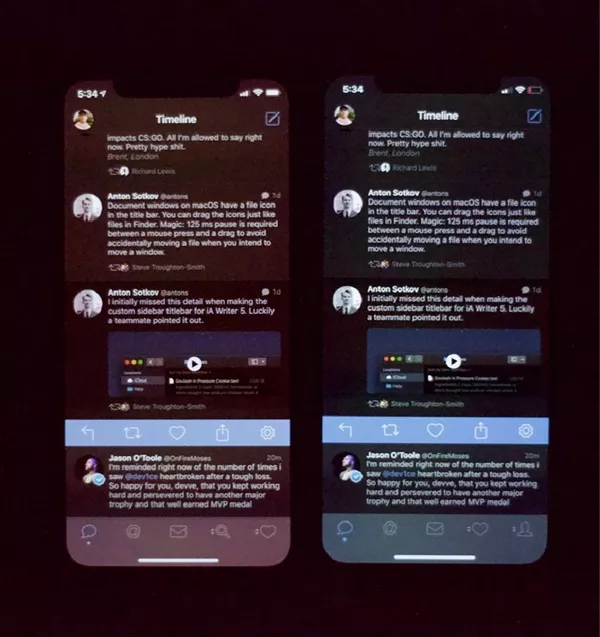 帖子作者稱，iPhone Xs屏幕在最小亮度值下看起來非常糟糕，他附上了iPhone X上的照片作為比對