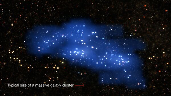 «Гиперион», суперскопление галактик, существовавшее в ранней Вселенной. Красным отмечены размеры «обычного» скопления галактик - 俄罗斯卫星通讯社