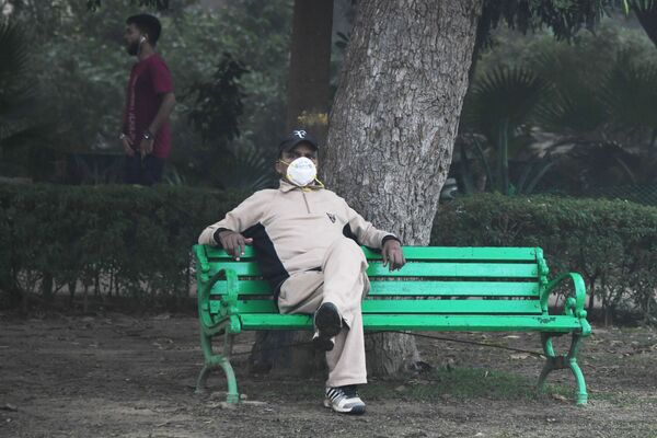 戴著面具面對霧霾的男子，印度，新德里 - 俄羅斯衛星通訊社