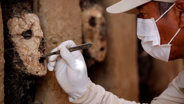 Археолог во время чистки деревянной маски из культуры Моче в Чан-Чане, Перу - 俄罗斯卫星通讯社
