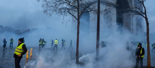 Участники протестной акции движения автомобилистов желтые жилеты, выступавшего с требованием снижения налогов на топливо, в районе Триумфальной арки в Париже - 俄罗斯卫星通讯社