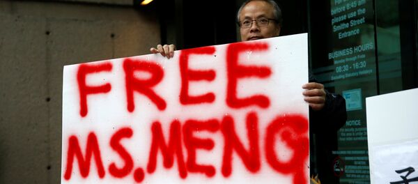 Мужчина с плакатом с надписью Free MS. Meng Мужчина с плакатом с надписью Free MS. Meng - 俄羅斯衛星通訊社