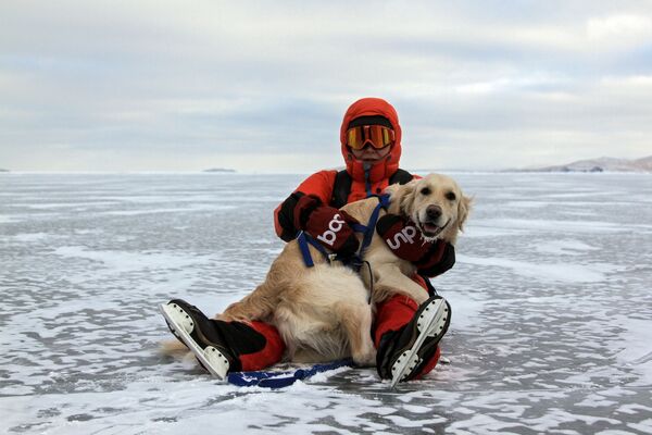 游人在贝加尔冻湖的冰上遛狗 - 俄罗斯卫星通讯社
