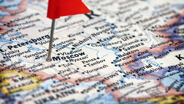 Отмеченный флажком город Москва на англоязычной карте России - 俄羅斯衛星通訊社