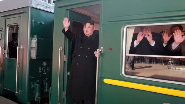 Высший руководитель КНДР Ким Чен Ын в дверях поезда на станции в Пхеньяне - 俄罗斯卫星通讯社
