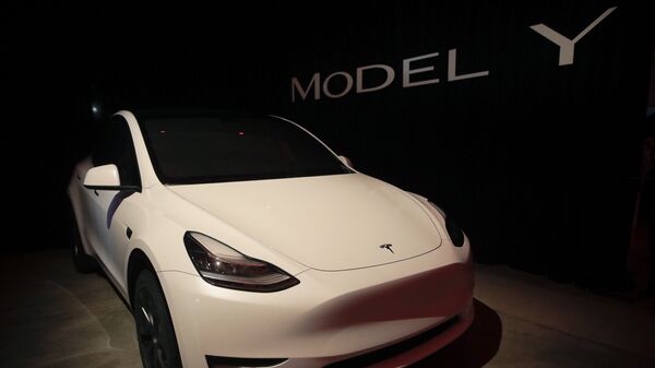 Tesla's Model Y is displayed at Tesla's design studio Thursday, March 14, 2019, in Hawthorne, Calif. - 俄罗斯卫星通讯社