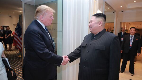 Лидер КНДР Ким Чен Ын во время встречи с президентом США Дональдом Трампом в Ханое - 俄罗斯卫星通讯社