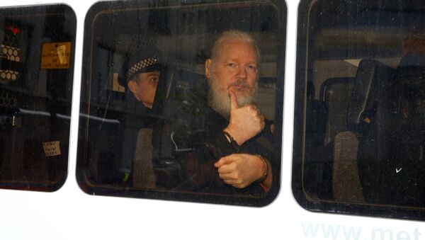 Основатель WikiLeaks Джулиан Ассанж в полицейском фургоне после того, как британская полиция арестовала его возле посольства Эквадора в Лондоне - 俄罗斯卫星通讯社