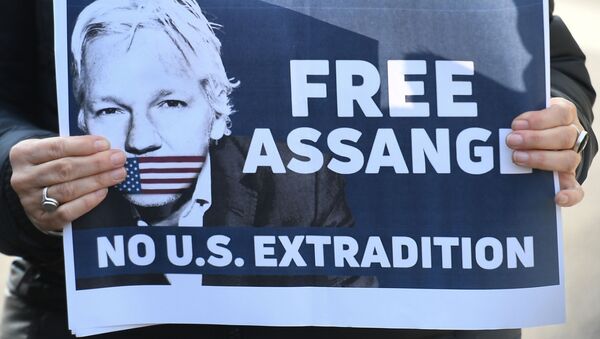 Плакат с призывом освободить основателя WikiLeaks Джулиана Ассанжа - 俄罗斯卫星通讯社