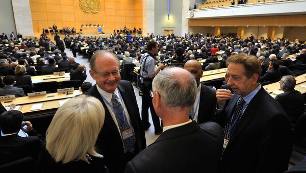 Unidentified delegate chats before the opening of the annual meeting of the World Health Organization - 俄羅斯衛星通訊社