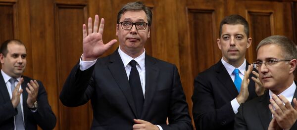 Президент Республики Сербии Александр Вучич во время выступления в парламенте, Белград  - 俄罗斯卫星通讯社