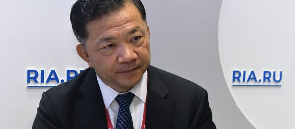 Генеральный директор Медиакорпорации Китая Шэнь Хайсюн во время интервью на стенде МИА Россия сегодня в конгрессно-выставочном центре Экспофорум на Петербургском международном экономическом форуме (ПМЭФ-2019). - 俄羅斯衛星通訊社