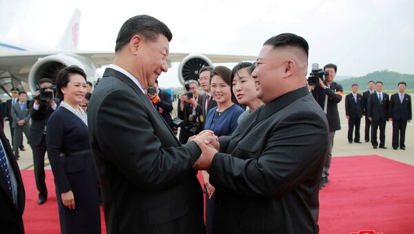 Северокорейский лидер Ким Чен Ын приветствует лидера Китая Си Цзиньпина в международном аэропорту Пхеньяна, Северная Корея - 俄罗斯卫星通讯社