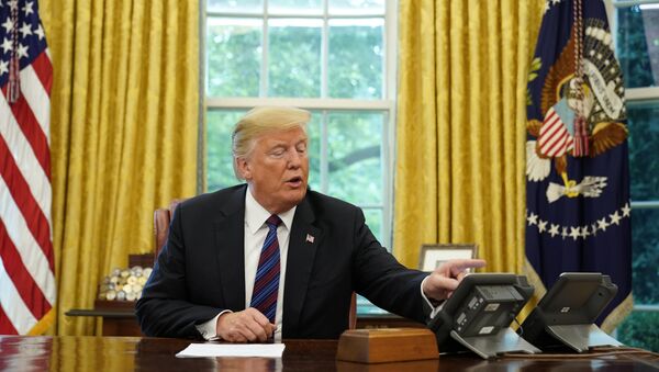 US President Donald Trump looks at his telephone from the Oval Office at the White House on August 27, 2018 in Washington,DC.  - 俄罗斯卫星通讯社