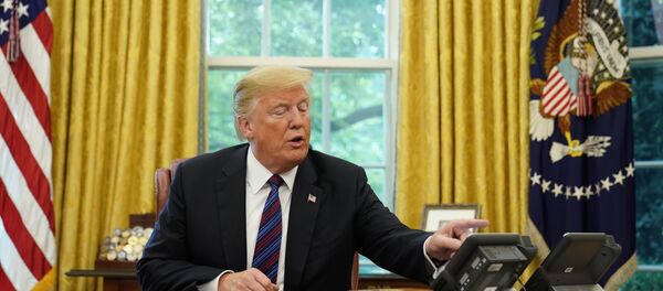US President Donald Trump looks at his telephone from the Oval Office at the White House on August 27, 2018 in Washington,DC. US President Donald Trump looks at his telephone from the Oval Office at the White House on August 27, 2018 in Washington,DC. - 俄罗斯卫星通讯社