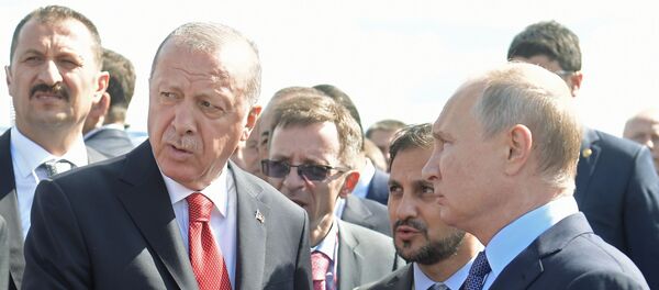 Президент России Владимир Путин и президент Турции Реджеп Тайип Эрдоган во время посещения Международного авиакосмического салона МАКС-2019 - 俄罗斯卫星通讯社