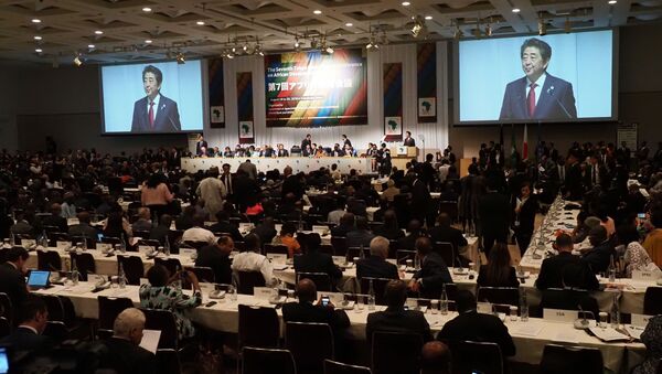 Премьер-министр Японии Синдзо Абэ выступает с речью на церемонии закрытия седьмой Токийской международной конференции по развитию Африки (TICAD) в Иокогаме - 俄羅斯衛星通訊社