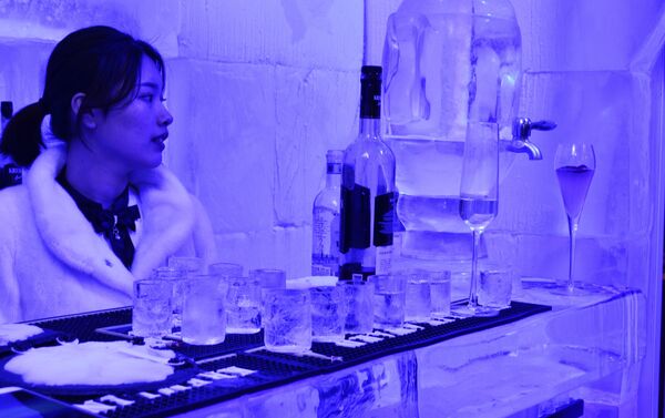 酒吧開業期間，來賓們可以用冰杯喝俄羅斯的伏特加酒，坐在冰座上，與冰茶炊合影。 - 俄羅斯衛星通訊社