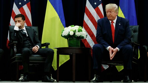 Президент Украины Владимир Зеленский и президент США Дональд Трамп во время встречи в Нью-Йорке, США. 25 сентября 2019 Президент Украины Владимир Зеленский и президент США Дональд Трамп во время встречи в Нью-Йорке, США. 25 сентября 2019 - 俄羅斯衛星通訊社