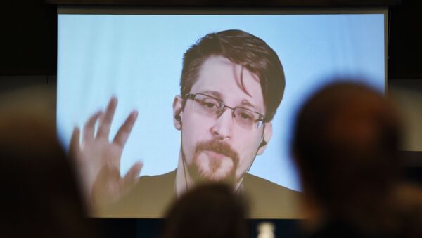 Бывший сотрудник Агентства национальной безопасности США (АНБ) Эдвард Сноуден говорит по видеосвязи из России - 俄羅斯衛星通訊社