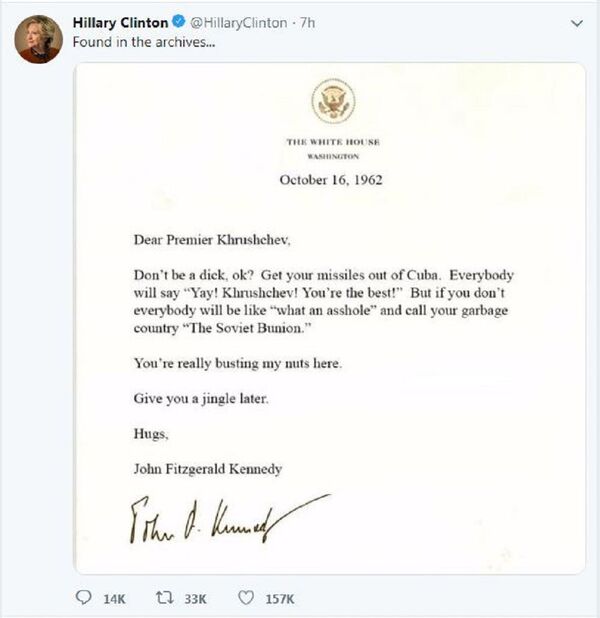 希拉里在推特上公佈了肯尼迪致赫魯曉夫的玩笑信 - 俄羅斯衛星通訊社