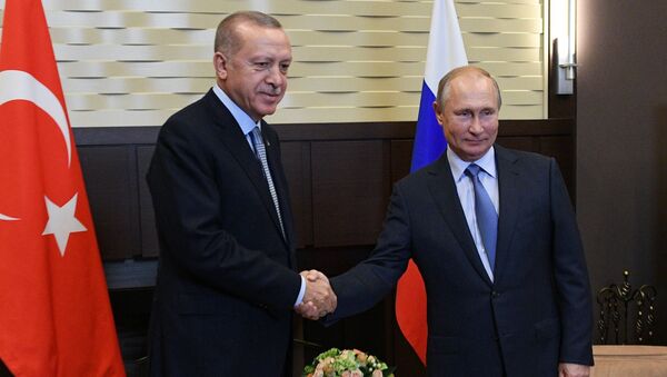 Президент РФ Владимир Путин и президент Турции Реджеп Тайип Эрдоган во время встречи.  - 俄羅斯衛星通訊社