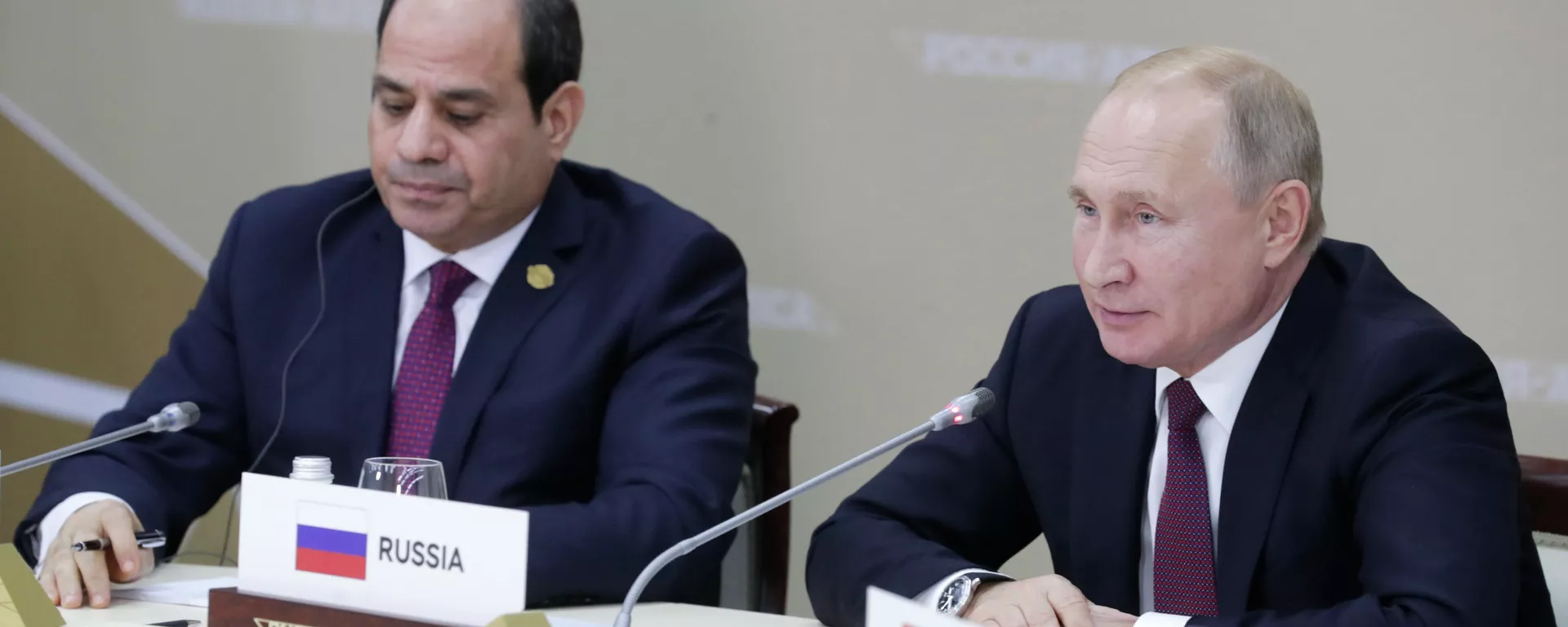 23 октября 2019. Президент РФ Владимир Путин и президент Арабской республики Египет Абдель Фаттах ас-Сиси во время рабочего завтрака с руководителями региональных организаций Африки на полях саммита Россия - Африка. - 俄羅斯衛星通訊社, 1920, 26.12.2021
