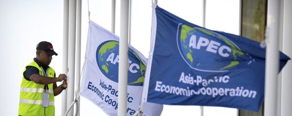 A worker hangs flags from flagpoles outside of APEC Haus, the main venue of the APEC Economic Leaders' Week Summit as a military ship is anchored just offshore in Port Moresby, Papua New Guinea, Wednesday, Nov. 14, 2018. A worker hangs flags from flagpoles outside of APEC Haus, the main venue of the APEC Economic Leaders' Week Summit as a military ship is anchored just offshore in Port Moresby, Papua New Guinea, Wednesday, Nov. 14, 2018. - 俄罗斯卫星通讯社