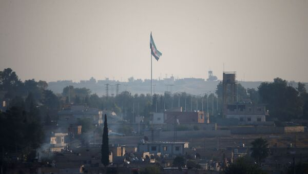 Сирийский флаг над городом Эт-Телль-эль-Абьяд - 俄罗斯卫星通讯社