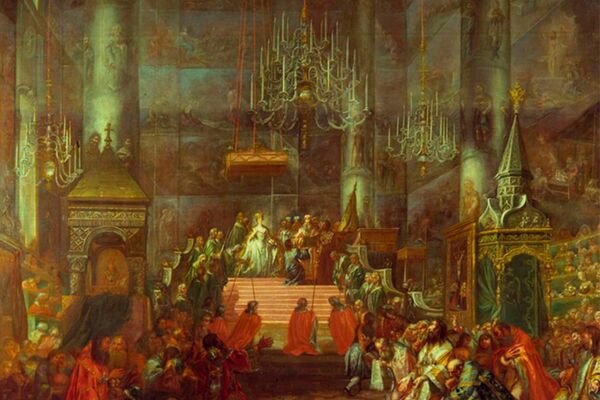 畫作《葉卡捷琳娜二世在克里姆林宮聖母升天大教堂內加冕》， 18世紀下半葉 - 俄羅斯衛星通訊社
