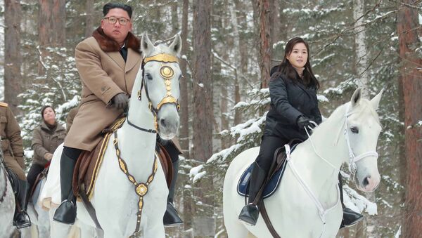 Лидер КНДР Ким Чен Ын вместе с женой верхом на лошади в регионе горы Пэктусан  - 俄羅斯衛星通訊社